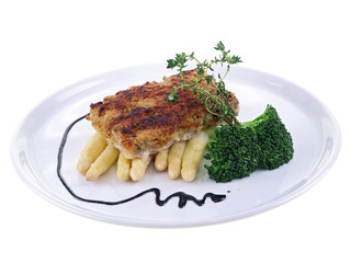 baked fish in crust & vegetables isolated on white background