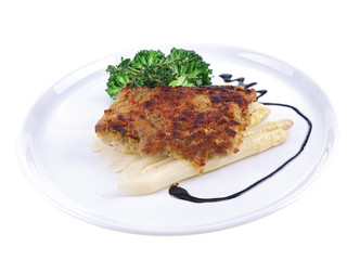 baked fish in crust & vegetables isolated on white background