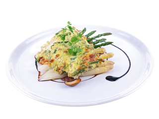 baked fish, asparagus & cheese isolated on white background