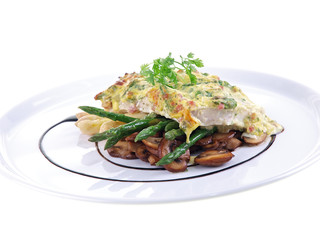 baked fish & asparagus gratin isolated on white background