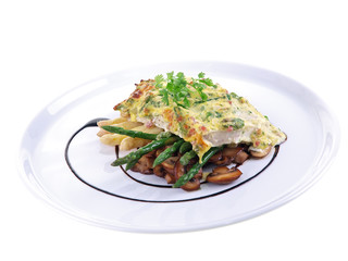 baked fish & asparagus gratin isolated on white background