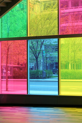 Street seen through the coloured window panes.
