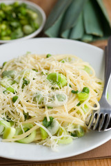 Spaghetti with leeks peas and parmesan