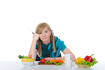 beautiful young girl on the kitchen table.