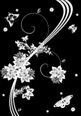 Papier Peint photo Lavable Fleurs noir et blanc conception de fleurs blanches et de papillons