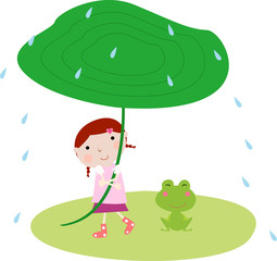 Cute girl and frog in rain