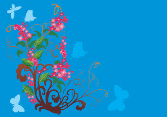 Fototapeta na wymiar pink flowers and blue butterflies