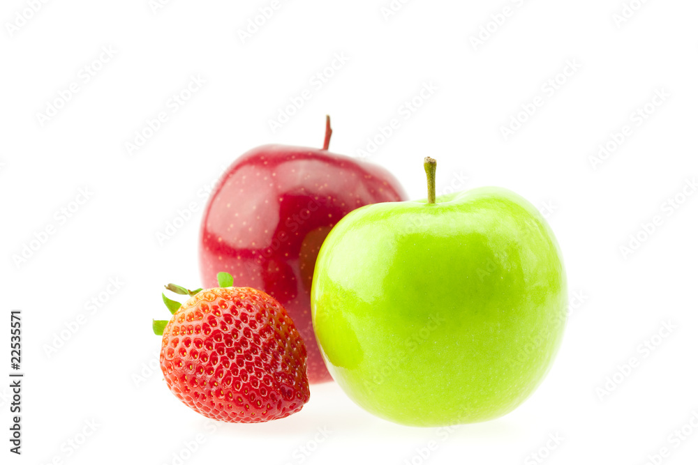 Wall mural two apples and strawberries isolated on white