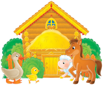 recommend clip art: Foal, goose, chick and lamb in an animal farm