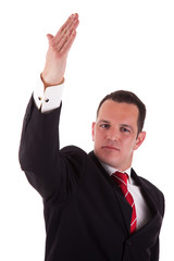 businessman waving, isolated on white background, studio shot