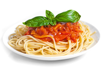 pasta tomato with basil on the top, isolated on white