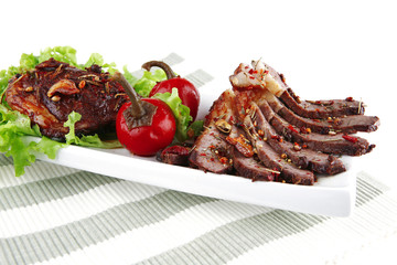 beef meat slices on ceramic plate