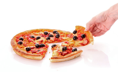 Tasty pizza with olives isolated on white