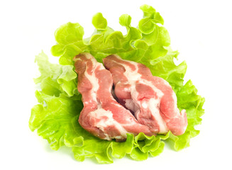 Pieces of Pork meat on green salad