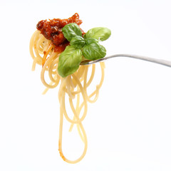 Spaghetti bolognese with basil leaves on a fork