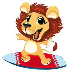 Fototapeta premium Baby lion with surf. Funny cartoon and vector character