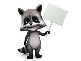 Cute cartoon raccoon holding blank sign.