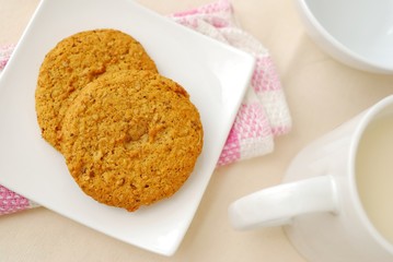 Top view of brown cookies for breakfast
