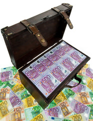 Truhe mit Euro Banknoten. Finanzkrise, Krise, Schulden.