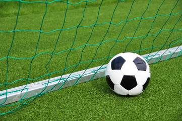 Soccer ball at the goal net