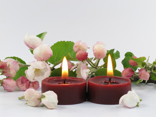 Kerzen mit Blütenzweig
