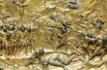Medieval 15h century gilded relief of David and Goliath