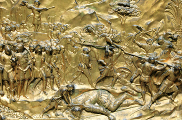 Medieval 15h century gilded relief of David and Goliath © Tony Baggett