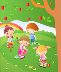 Obraz na płótnie Canvas Four kids playing under tree