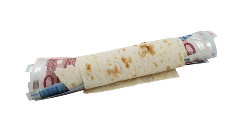 Lavash with euro banknotes. Conceptual photo.