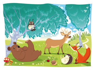 Obraz na płótnie Canvas Zwierzęta w lesie. Funny cartoon i wektor