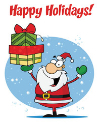 Happy Holidays Greeting With Santa Holding Gifts
