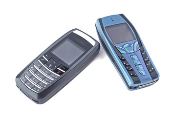 Two telephones on a white background.