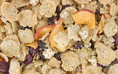 A close view of cranberry and raisin granola cereal
