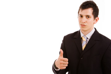 young business man thumbs up, isolated on white background