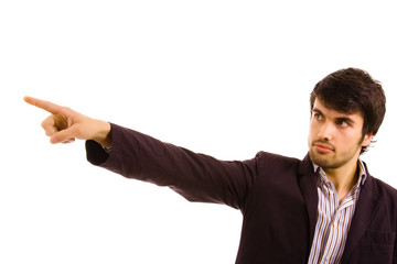 young atractive man pointing with is finger, isolated on white
