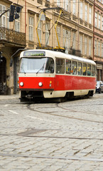 Famous red tram in Prague, Czech Republic