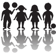Obraz premium Four children silhouettes with balls