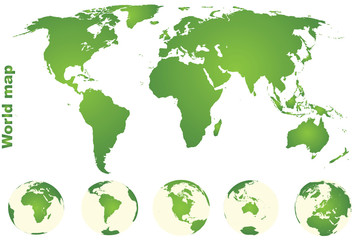 Green world map with Earth globes