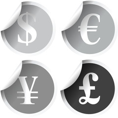 Grey labels with international currency symbols