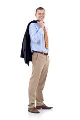 man with coat on shoulder