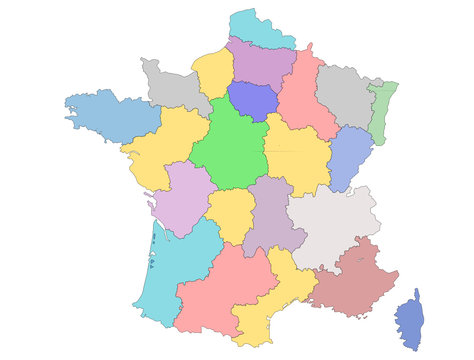 carte des régions de france en couleur vierge