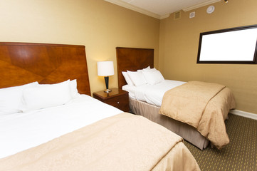 Fototapeta na wymiar Double bed in the hotel room