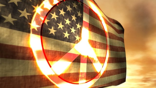(1179) Weathered USA Old Glory American Flag Peace Symbol Sunset