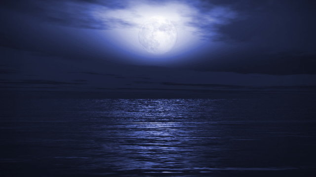 (1163) Blue Full Moon Tropical Ocean Waves Romantic Night Travel