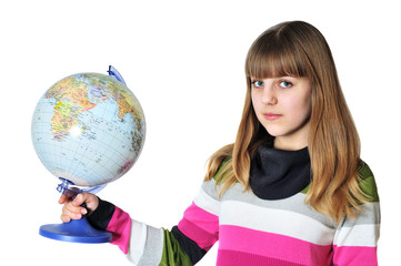 teen girl holding globe