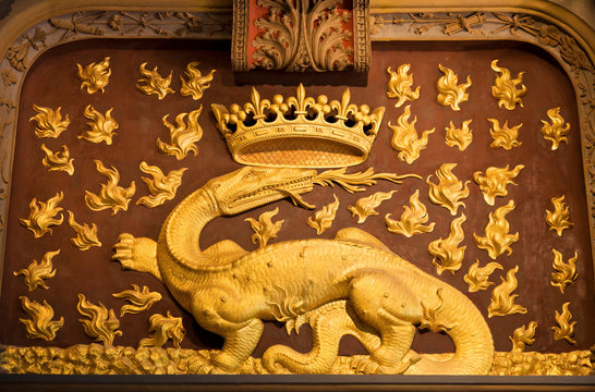 The Salamander, symbol of Francois I in a panel of Blois Chateau