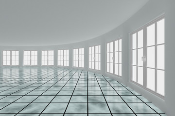 Empty hall with windows. Interior. 3D image