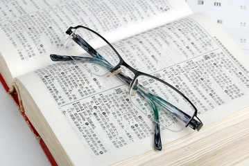 glasses, dicitonary and eye chart