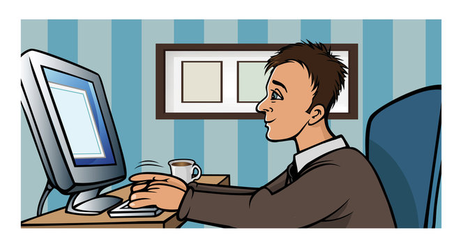 man blogging computer