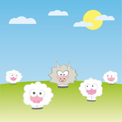 sheep with wolf on the field vector illustration cartoon